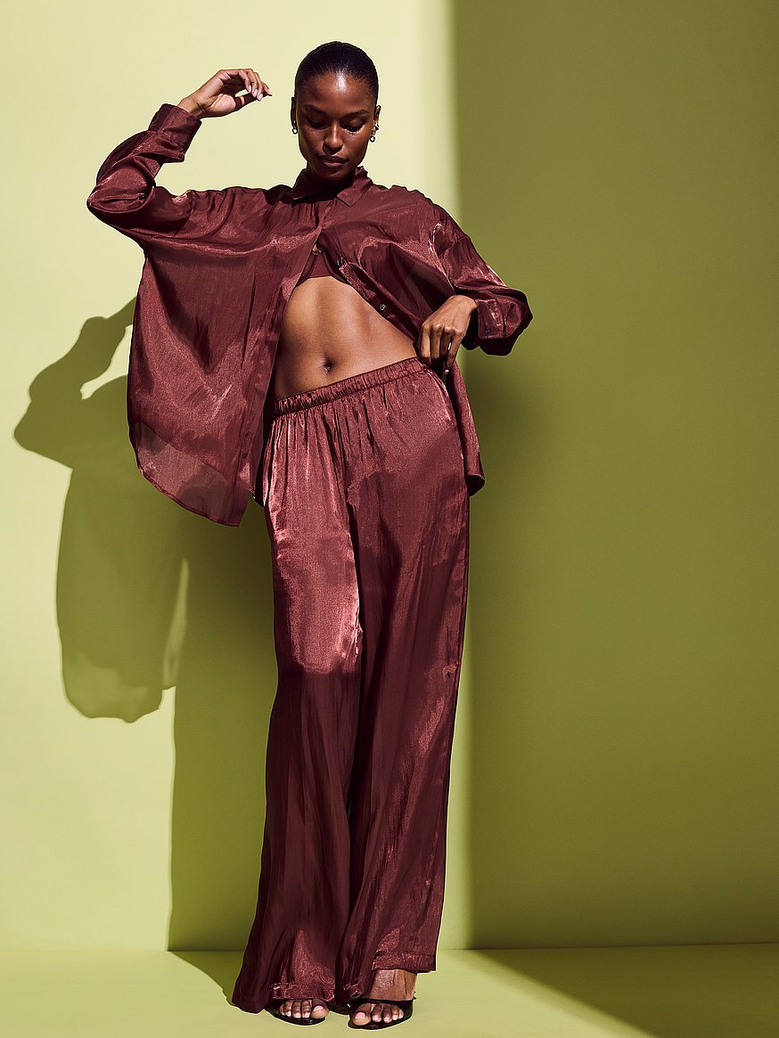 Buy Luxe Sheer Satin Wide-Leg Pant, Cherrywood - Order Pajama