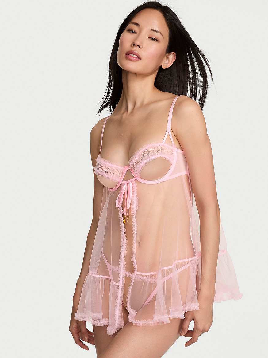 Buy Tease Open-Cup Ruffled Babydoll Set, Boardwalk Pink - Order Babydolls  online - Victoria's Secret US