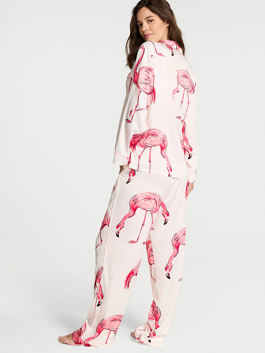 Buy Signature Satin Long Pajama Set, Coconut White Flamingos