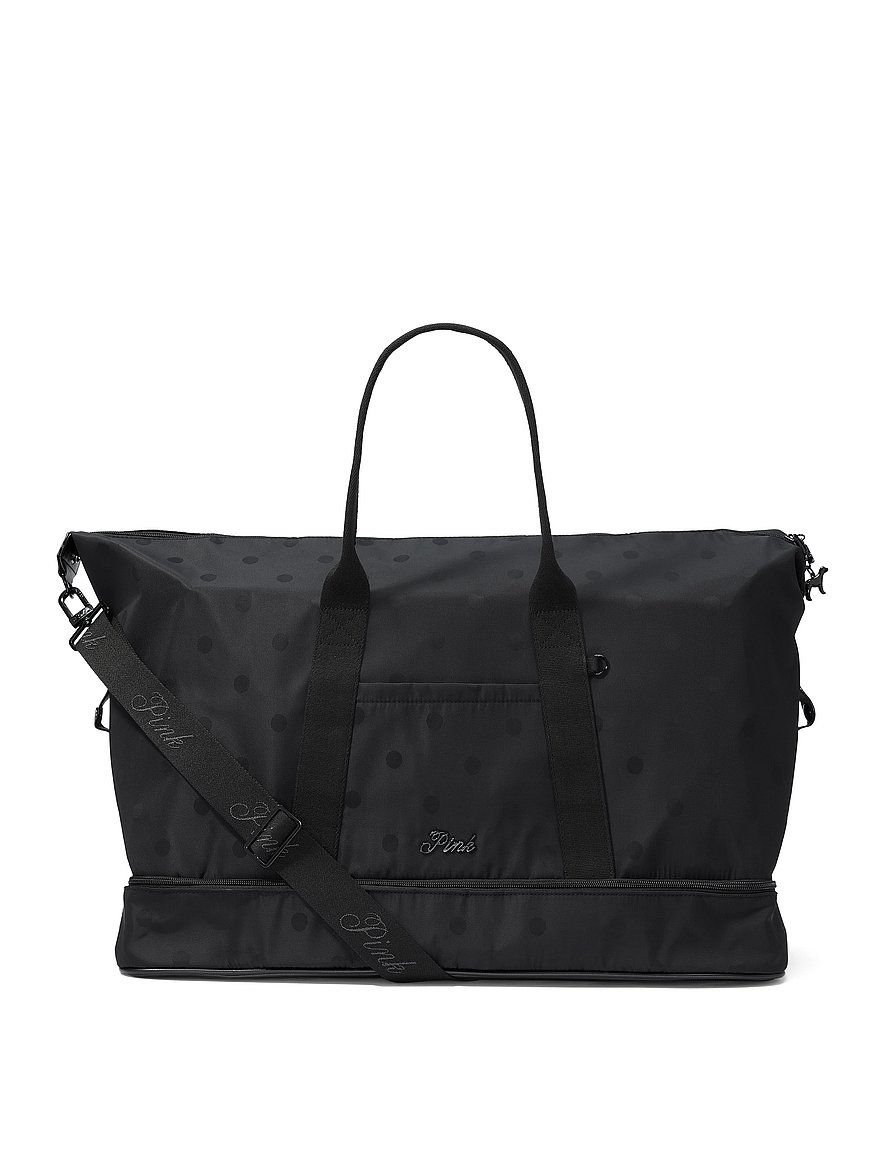 black nylon travel duffel bag Dragon | USA Recycled Materials two interior recycled mesh zip pockets PINK Satin Nylon Travel Duffle