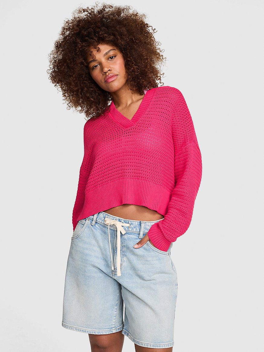 Buy Crochet V-Neck Hoodie, Candy Pink - Order Sweaters online