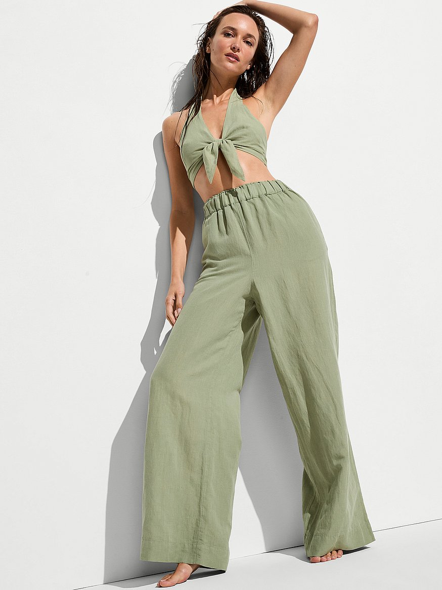Buy Beachwear Linen Pants, Sage - Order Bottoms online
