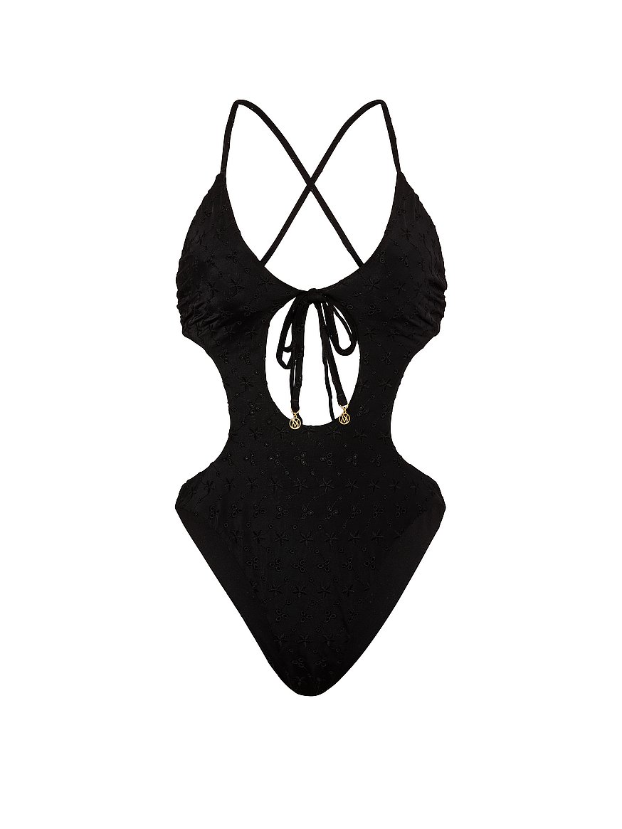 Buy Eyelet Cut-Out Monokini One-Piece Swimsuit, Pure Black - Order
