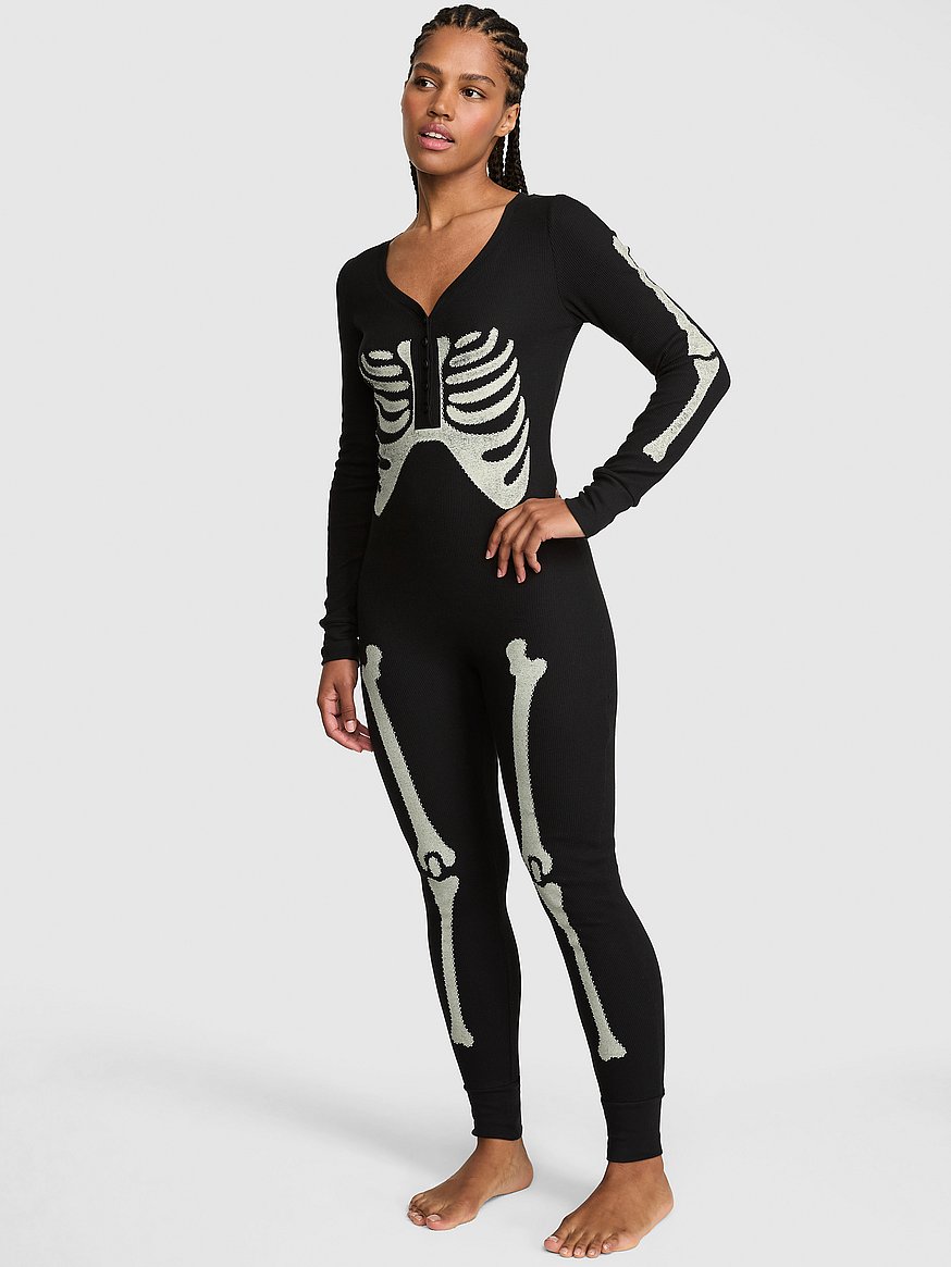 Buy Halloween Thermal Onesie, Black Skeleton - Order Pajamas Sets