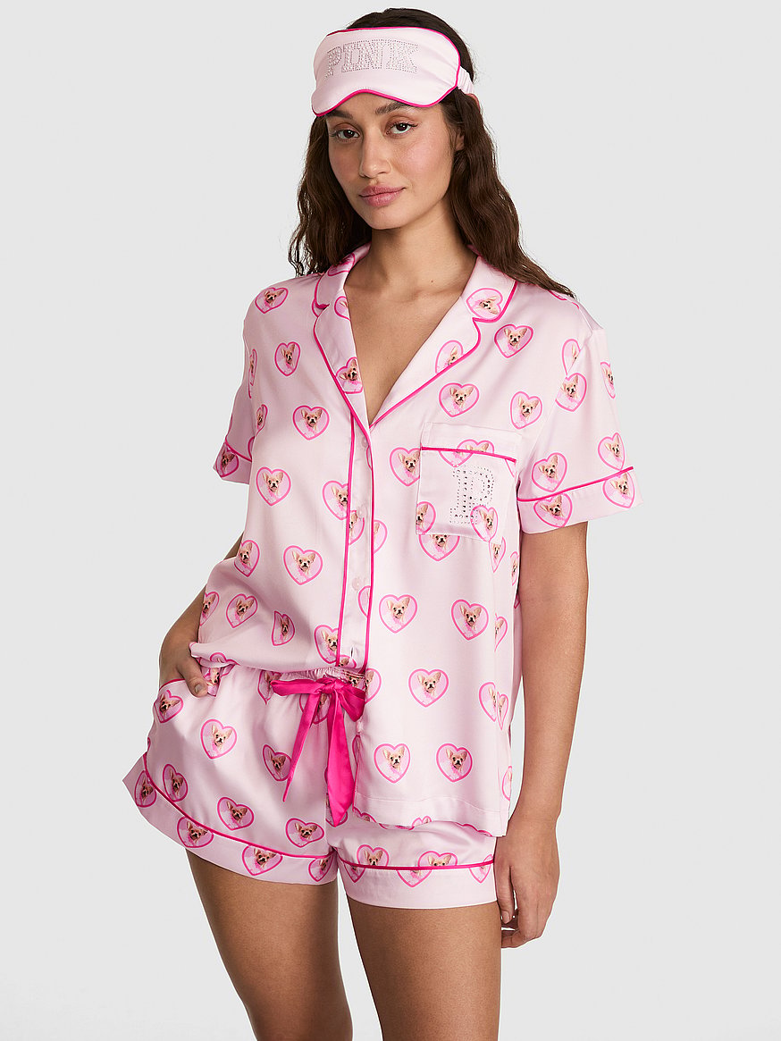 Buy PINK | Elle 3-Piece Satin Eye Mask & Short Pajama Set, Pink