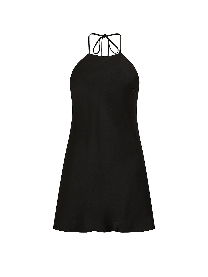 halter mini slip dress Black Satin Dress - Cowl-Front Halter Dress - Mini Slip Dress