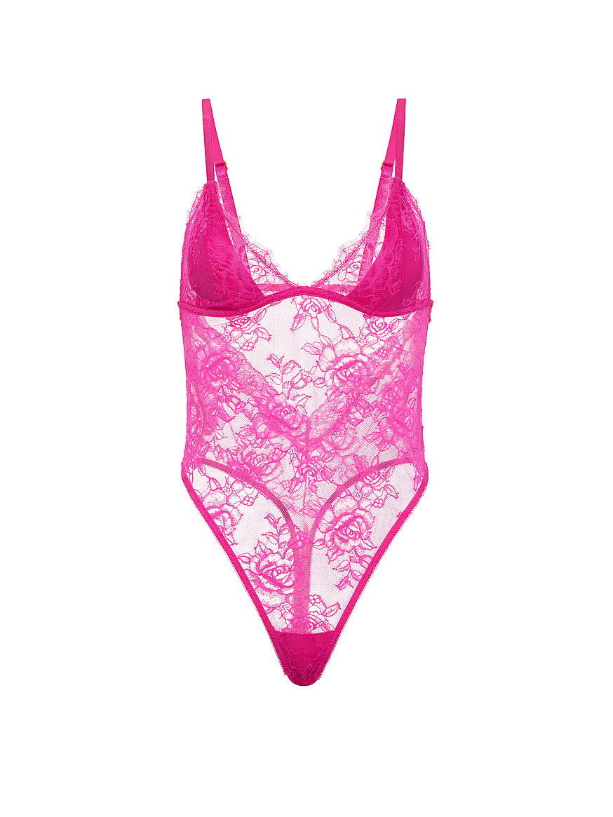 Buy Rose Lace Triangle Bodysuit, Pink Fire - Order Bodysuits