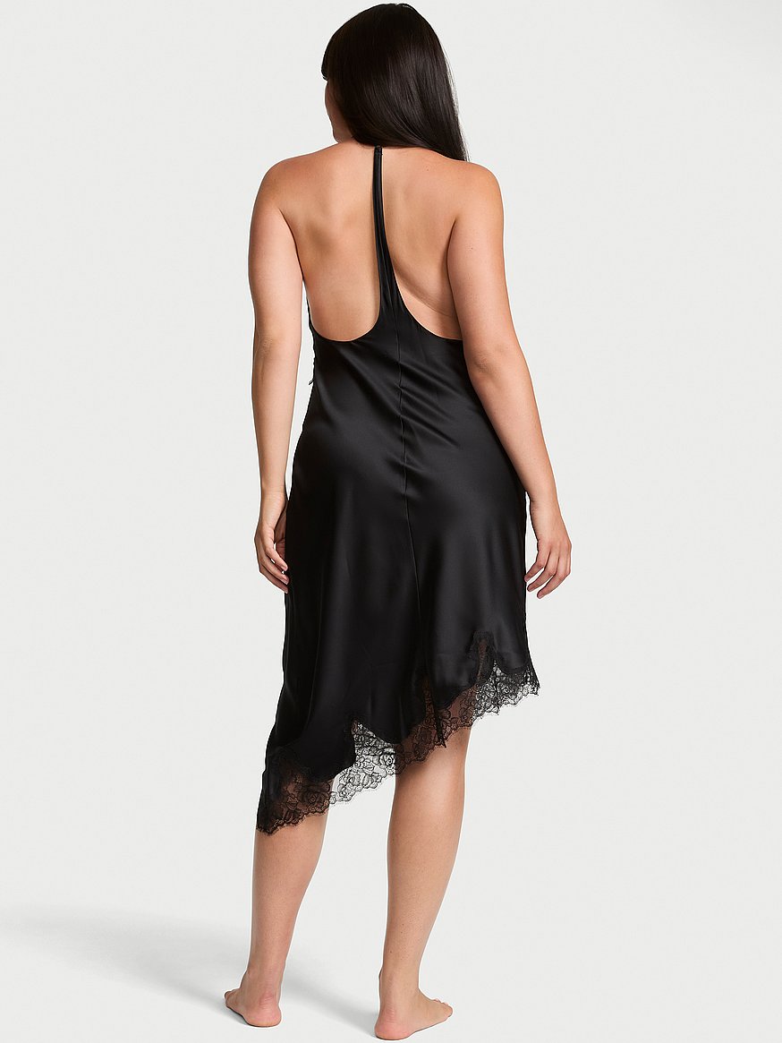 Buy Satin Rose Lace-Trim Asymmetric Slip Dress, Black - Order Slips online