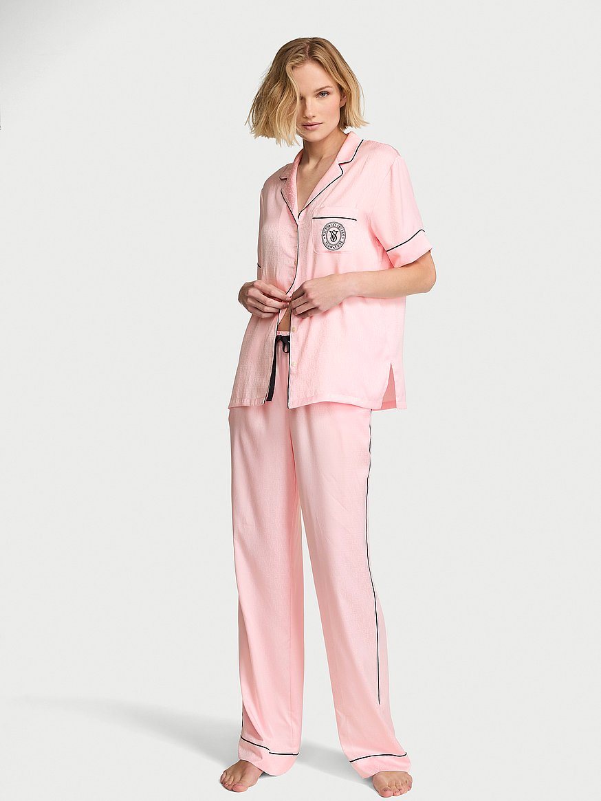 Buy Signature Satin Short-Sleeve Long Pajama Set, Angel Pink