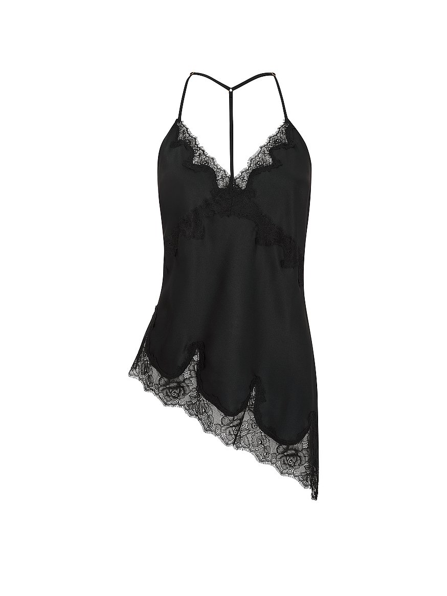 Buy Satin Rose Lace-Trim Asymmetric Cami Top, Black - Order Pajama