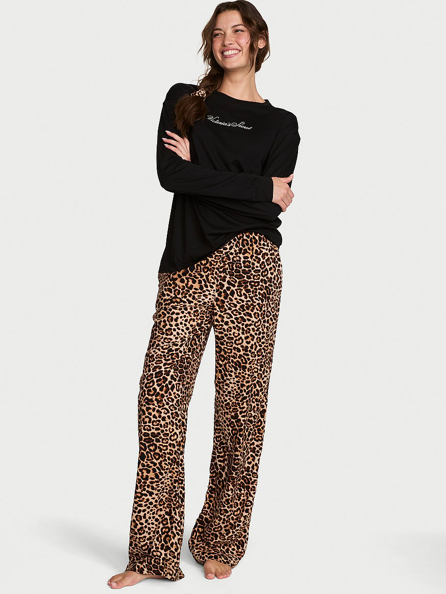 Buy Flannel Long Tee-Jama Set, Black & Leopard - Order Pajamas