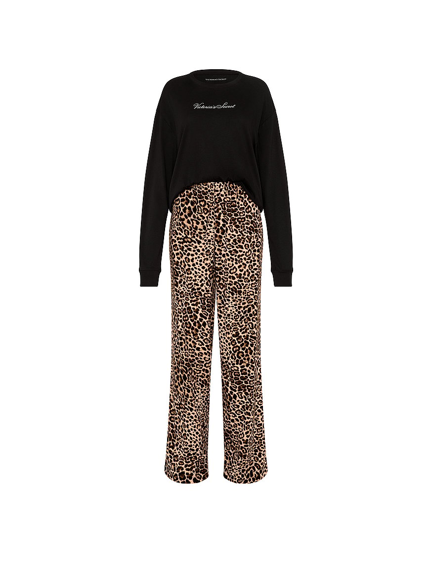 Buy Flannel Long Tee-Jama Set, Black & Leopard - Order Pajamas