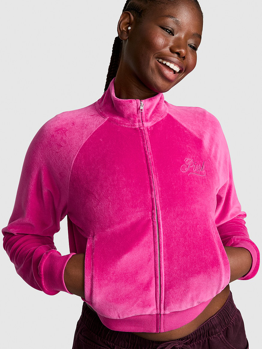 Buy Vintage Velour Mock-Neck Full-Zip Sweatshirt, Pink Fire