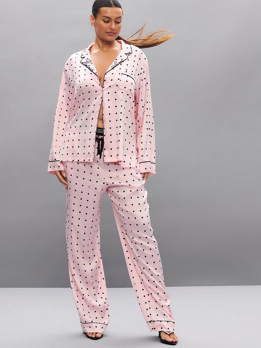 Buy Signature Satin Long Pajama Set, Angel Pink & Black Dots