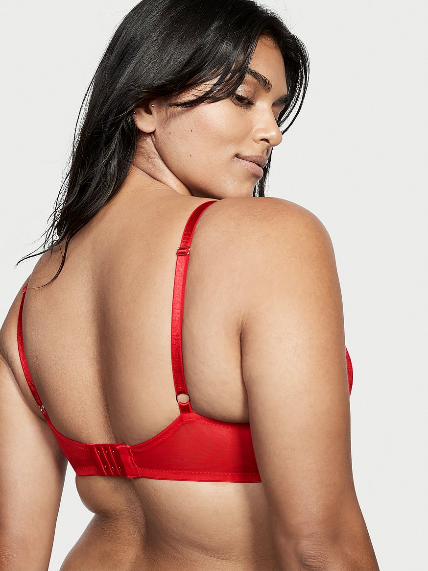 Curves Red Satin Lace Trim Pleated Push Up Bra