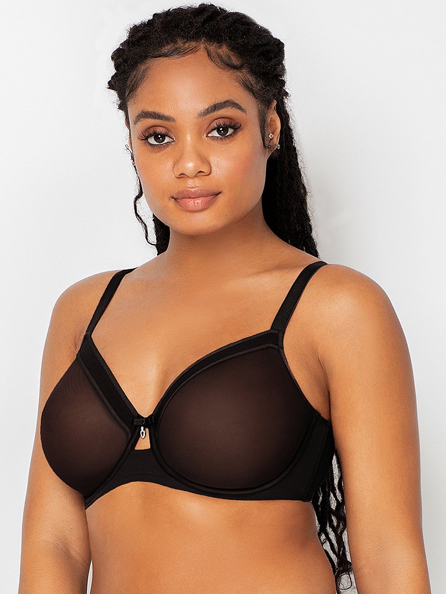 Curvy Couture Women's Solid Sheer Mesh Full Coverage Unlined Underwire Bra  Chocolate 40D