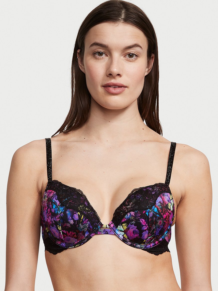 Pink floral underwire padded push-up Bra with bow detail - Size