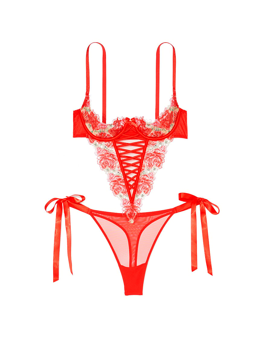 Victoria's Secret Lipstick Red Lacy Lace-Up Crotchless Teddy (Medium)
