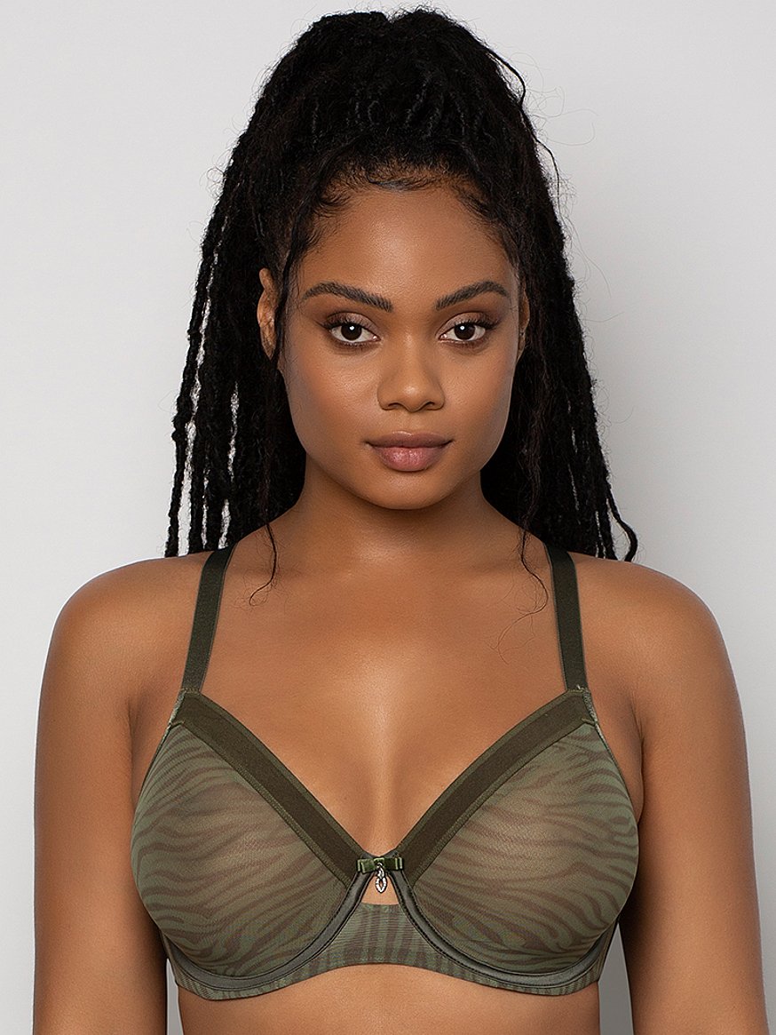Sheer Mesh Full Coverage Unlined Underwire Bra - Olive Waves