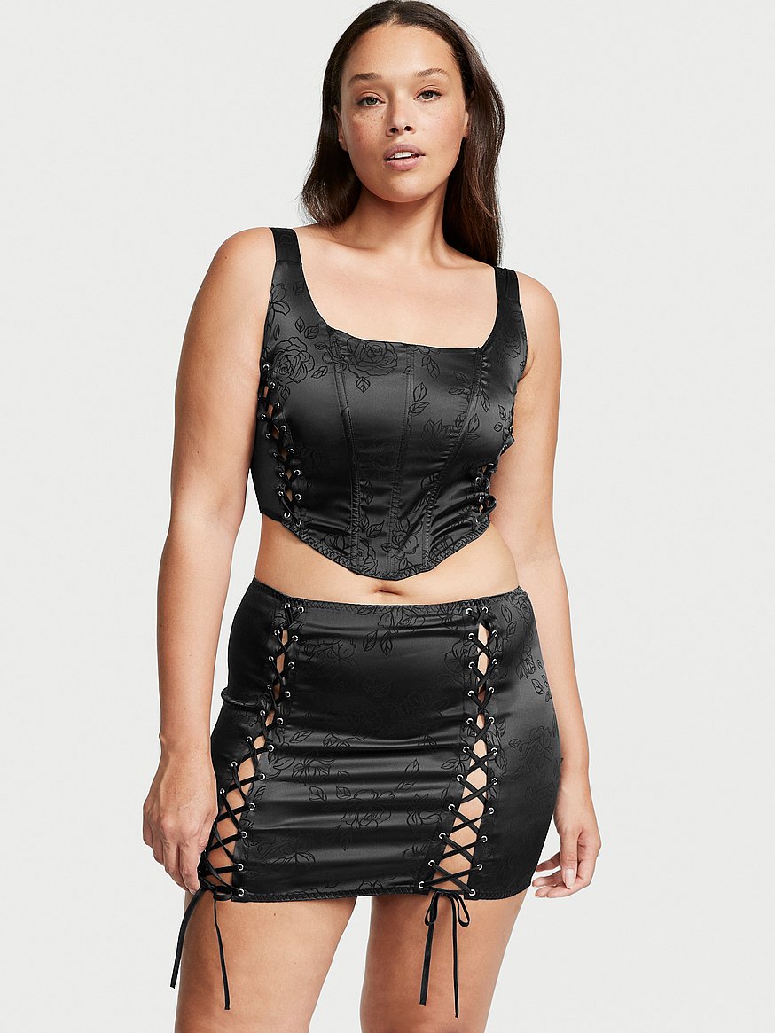 Buy Satin Jacquard Lace-Up Corset Top & Skirt Set - Order Cami